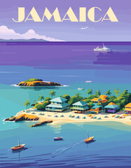 Jamaica Travel Destination Poster in retro style. Caribbean Island digital print. Exotic summer vacation, holidays concept. Vintage vector colorful illustration.	 - obrazy, fototapety, plakaty