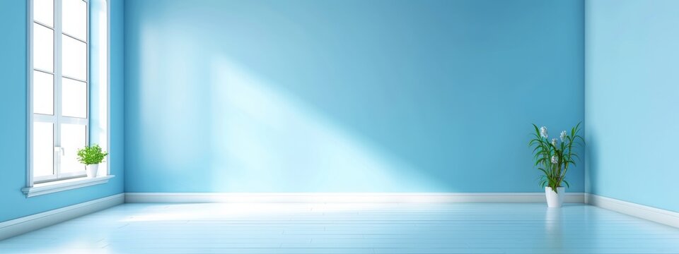 blue virtual empty room background backdrop banner image with window for online presentations and zoom meetings