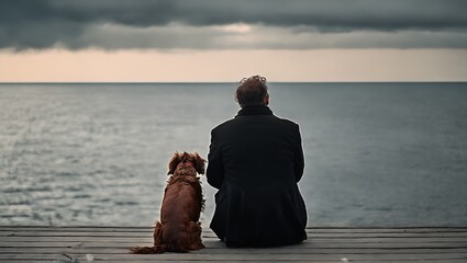 Rear view of man and his dog looking at lake sea water. Generative AI - 769085423