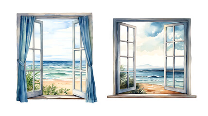 Window overlooking the sea, watercolor clipart illustration with isolated background. - obrazy, fototapety, plakaty