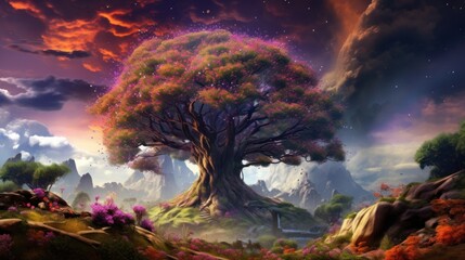 Unusual, vibrant tree in a futuristic setting, creating a captivating fusion of nature and imagination.