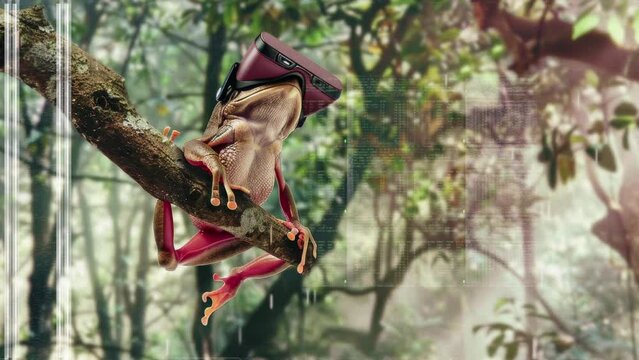 sequence of tree frogs wearing virtual reality glasses made with artificial intelligence
