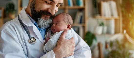 Pediatrician doctor holding a newborn baby in hospital, concept of childbirth and healthcare professionals - obrazy, fototapety, plakaty