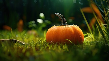 Seasonal charm-a ripe pumpkin basks on sunlit grass, a symbol of fall's festive spirit.