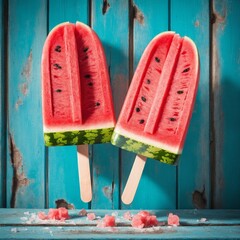 Watermelon slice popsicles displayed on a rustic blue wood background - 769086205