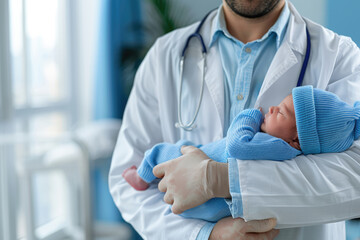 Pediatrician doctor holding a newborn baby in hospital, concept of childbirth and healthcare professionals	
