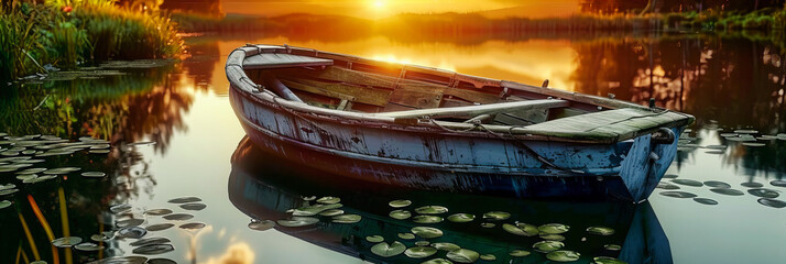 Peaceful Sunrise over the Lake, Solitary Boating Experience in Nature, Tranquil Summer Morning...