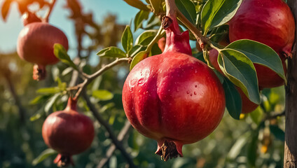 beautiful ripe pomegranate fruit on a branch in the garden