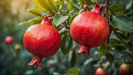 Obraz premium beautiful ripe pomegranate fruit on a branch in the garden nature