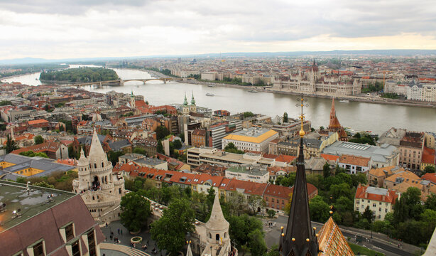 Panoramic view of the city and river in a spring day. Top view. Budapest. Hungary.