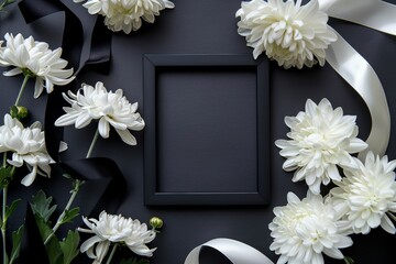 Black frame with white flowers, black ribbons, on black background.  Copy Space. Generative AI
