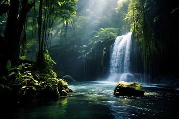 Magical Scenic Display of a Cascading Tropical Waterfall in an Untouched Wilderness