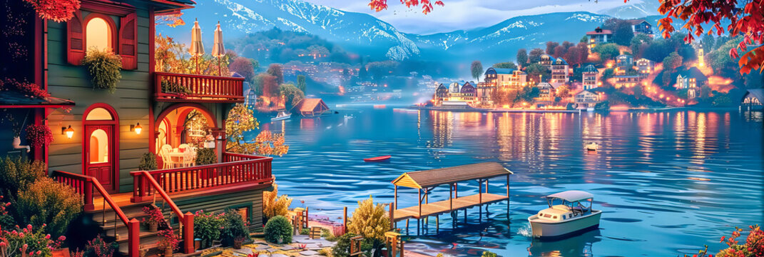 Picturesque Lake Town at Sunset, Italian Alps Reflection, Idyllic Vacation Spot