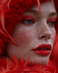 Close-up portrait of a red-haired  woman with red lips, red makeup, and red background, in a surreal composition with red flamingo feathers 