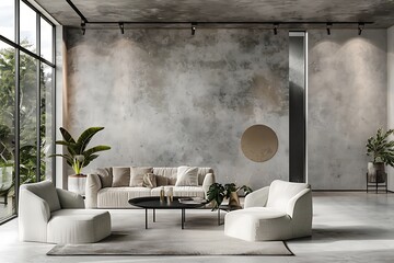 an AI image of a modern design grey villa living room with minimalism, milk coffee tones, and microcement wall texture