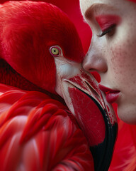 Close-up portrait of a woman with red lips and red make up, together with a Red Flamingo in a fantastic and surreal composition