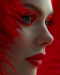 Close-up portrait of a  woman with red lips, red makeup, and red background, in a surreal composition with red flamingo feathers 