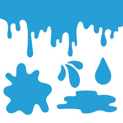Water slime, splashes, drops set in cartoon flat style. Splatters and water spray, falling droplets, paint stain, puddle.
