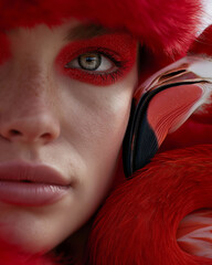 Beautiful  Model close up, together  with a Red flamingo , in a fantastic and surreal composition