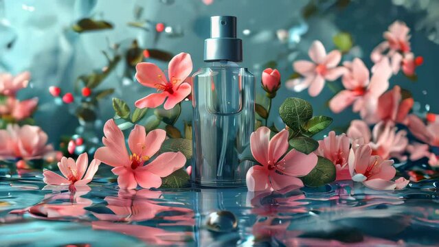 Perfume Bottle Surrounded by Pink Flowers