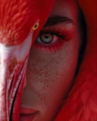 Close-up portrait of a woman with red lips and red make up, together with a Red Flamingo in a fantastic and surreal composition