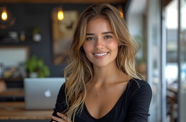 A portrait of a smiling young woman with sun-kissed hair, wearing a black top and a delicate necklace, in a modern cafe setting with a laptop in the background