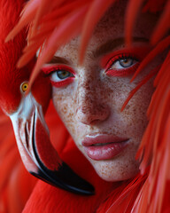 A detailed close-up depiction of a woman adorned with red lipstick and makeup, accompanied by a vibrant Red Flamingo, set within a fantastical and surreal composition