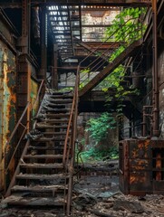 Sunlight filters through a dilapidated stairwell in an abandoned industrial complex, highlighting the interplay of metal, rust, and resilient greenery..