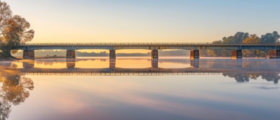 The golden hour casts a warm glow over a serene bridge, perfectly reflected in the still waters below as the sun sets on the horizon..