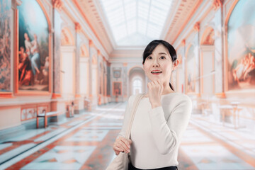 美術館を見学する若い女性
