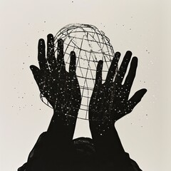 Minimalist silhouette of hands forming a makeshift cage with the interplay of light and shadows. The negative space within the outline reveals a universe of stars.