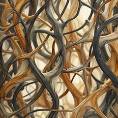 Abstract tendrils intertwining and forming intricate patterns against a backdrop of negative space, evoking a sense of organic harmony. Earthy, muted colors reminiscent of the natural world.
