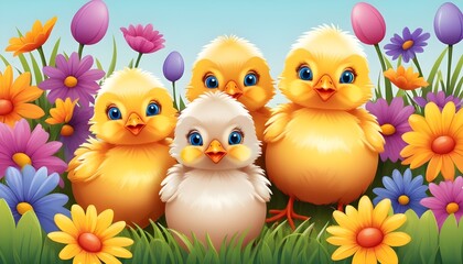 Cheerful Easter chickens peck and strut amidst a vibrant garden, surrounded by blooming tulips and daffodils, adding a touch of whimsy to the springtime scene.