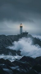 Fototapeta na wymiar The sturdy lighthouse basks in the sunset's glow, presiding over the ocean's torrential waves that rage against the craggy cliffs..