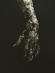 Epic tattoo pattern with intricate symbols and mythological elements, blending seamlessly with the wearer's skin. The atmospheric lighting and symbolic elements draw inspiration from the fantasy.