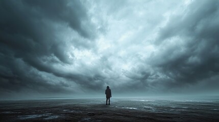 Person standing alone in a vast, desolate landscape with a stormy sky overhead, representing the emotional isolation and unease associated with feeling abashed.  - obrazy, fototapety, plakaty