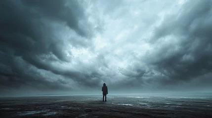 Fotobehang Person standing alone in a vast, desolate landscape with a stormy sky overhead, representing the emotional isolation and unease associated with feeling abashed.  © Oskar Reschke