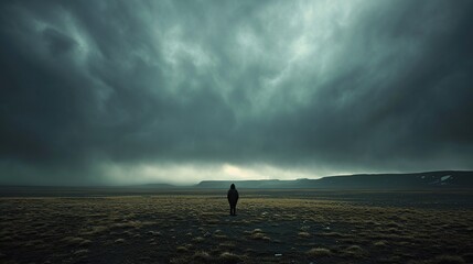 Person standing alone in a vast, desolate landscape with a stormy sky overhead, representing the emotional isolation and unease associated with feeling abashed.  - obrazy, fototapety, plakaty