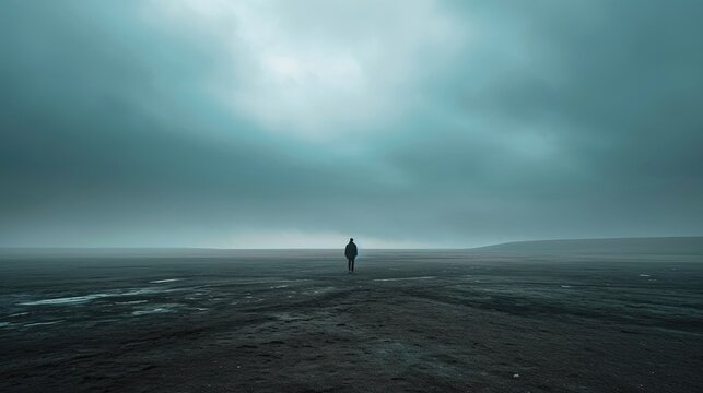 Person standing alone in a vast, desolate landscape with a stormy sky overhead, representing the emotional isolation and unease associated with feeling abashed. 