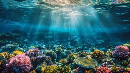 Sunlight pierces the water's surface, casting beams of light over a vibrant coral reef teeming with marine life in the underwater world..