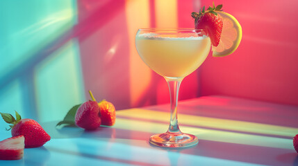 A delightful citrus cocktail topped with a strawberry, served in a sophisticated glass amidst playful, colorful lighting.
