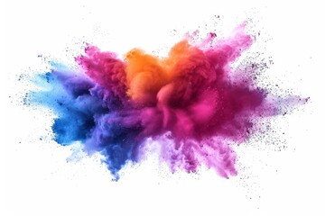 Colorful powder explosion isolated on a white background clipart, with a colorful powder splash of pink, blue, purple, yellow, orange and red green color dust, rainbow holi festival with copy space.