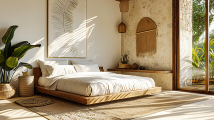 Bright and Airy Bedroom with Chic White Bedding, Minimalist Decor, and Lush Indoor Plants for a Bohemian Touch