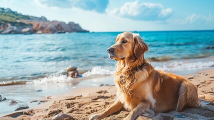 Dog Sitting on Beach by Ocean