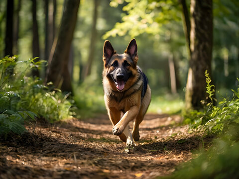 A jubilant German Shepherd bounding through a lush forest clearing, tongue lolling out in pure joy