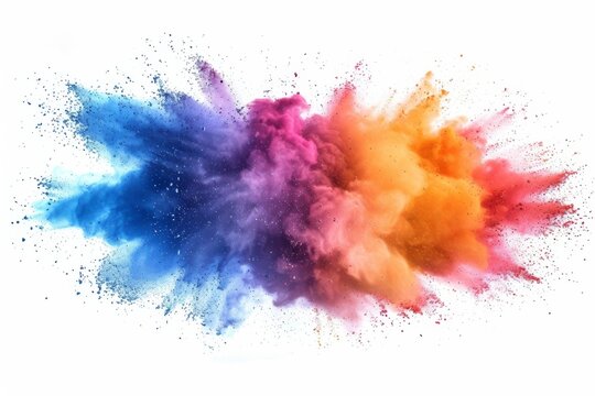 Colorful powder explosion isolated on a white background clipart, with a colorful powder splash of pink, blue, purple, yellow, orange and red green color dust, rainbow holi festival with copy space.