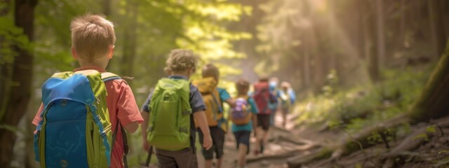Obraz premium Kids taking a nature hike through a lush forest, exploring the beauty of the outdoors. The trail lead to a serene clearing