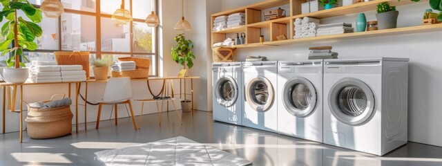 washing machines in a clean organized neat utility laundry room or washing service room interior front view shot as wide banner mockup design with copy space - obrazy, fototapety, plakaty