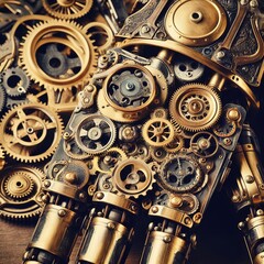 Steampunk-inspired robotic arm adorned with brass gears and clockwork mechanisms.
