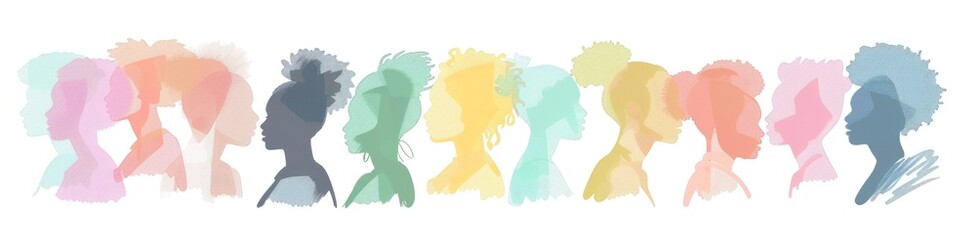 A illustration of group silhouettes, each with different skin tones and hair textures, representing diversity in human beings on a white background Generative AI
